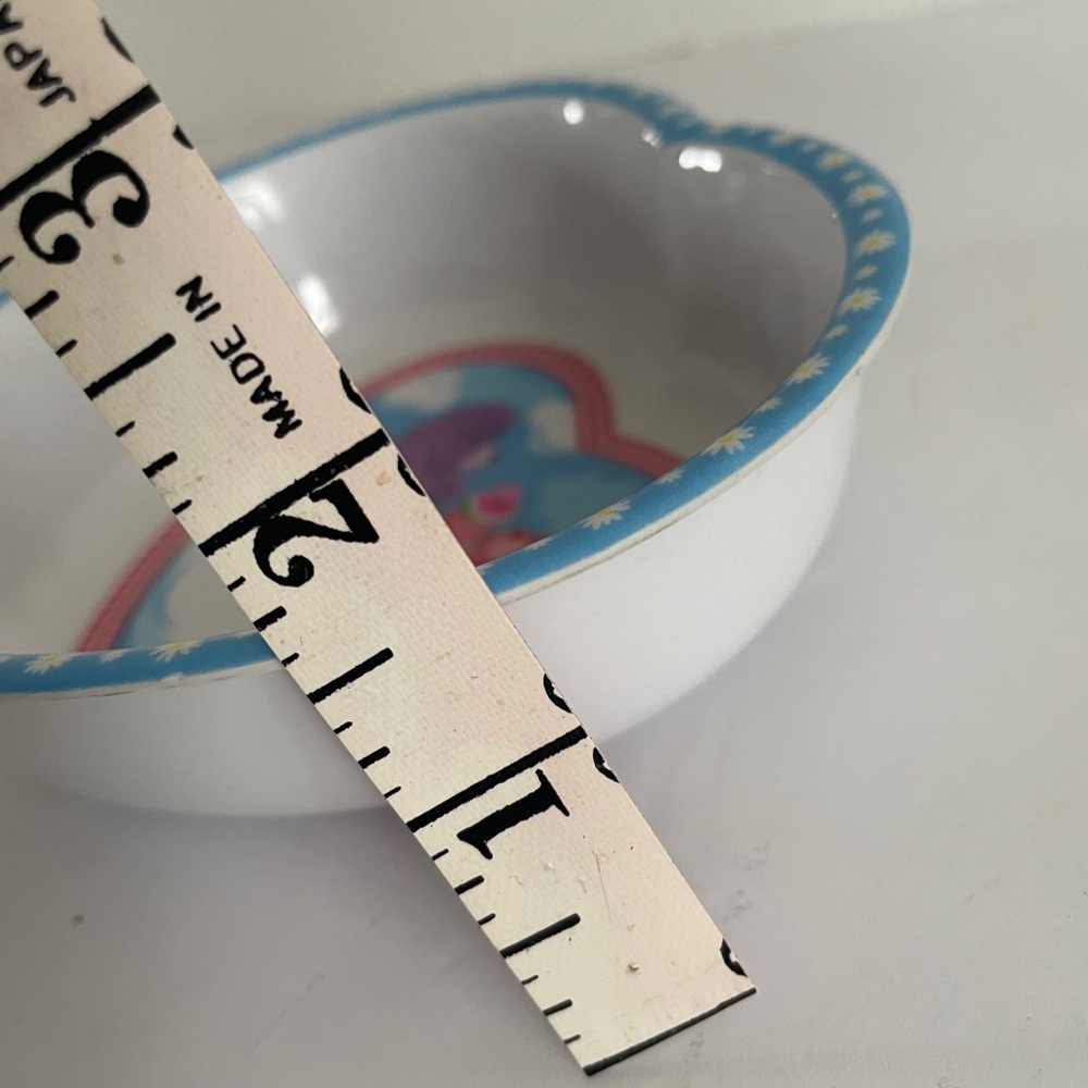 VTG Heart-Shaped Bowl with Care Bear Design Blue Daisy trim. Retro Kids Dishware - Picture 4 of 6
